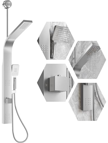 Garvee Colonne de douche moderne multifonction – Panneau LED avec affichage température, jets de massage, douchette 3 fonctions, pluie/cascade – Acier inoxydable finition nickel brossé – 9634 +