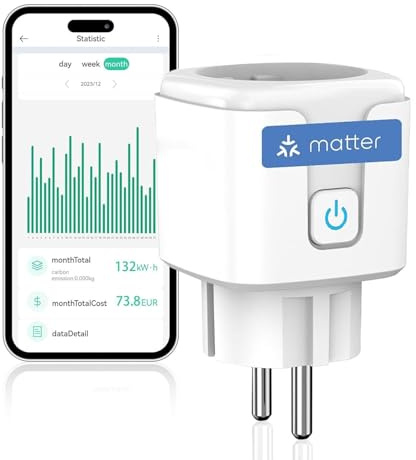 proAMEDEN Enchufe Inteligente Matter 16A 3680W, con Medición de Energía, compatible con Alexa, Google Home y Apple HomeKit, Control por Voz y Temporizador para hogar inteligente, 1/un Blanco.