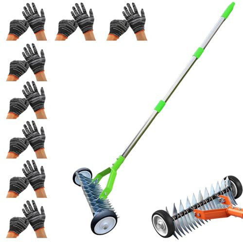 Rastrello Scarificatore da Giardino Regolabile con Ruote, Strumento Manuale per Rimuovere Paglia e Erba Morta, Compatibile con Livellatori