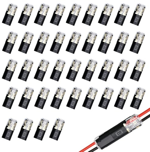 40 Pièces Connecteurs Électriques Rapides, 2 Broches Raccord de Câble | pour 18-22 AWG Raccord Electrique Etanche 2 Fils, Connexion facile pour voiture, Noir