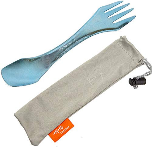 TiTo Titanium Löffel und Spork,Ultraleichtes Tragbar Titan Besteck Leicht Camping Besteck Multifunktional Geschirr Umweltfreundliches Spork für Rucksacktouren Wandern(Blau)