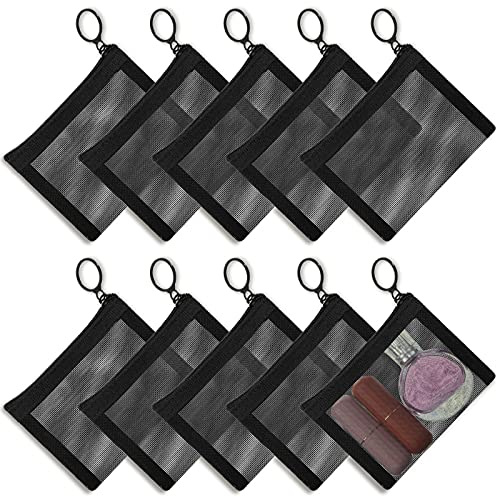 Frienda 10 Pcs Small Mesh Bags with Zipper Mini Zipper Mesh Bags Nylon Cosmetic Coin Purse Pouches Portable Reusable Storage Pouch with Keychain for Women Home Travel(5 x 4 Inch,Black)