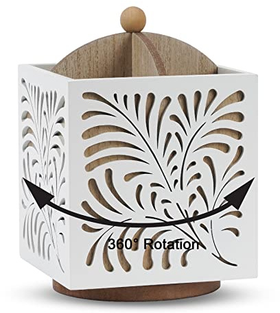 Optyuwah Rotating Kitchen Utensil Holder for Countertop, Wooden Utensil Caddy, Utensil Organiser White Cutlery Holder Utensil Crock, Silverware Organiser for Spoons, Knives, Forks, 5.5 x 6.3