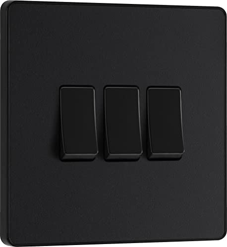 BG Electrical Triple Wall Light Switch, 2 Way, Screwless Front Plate, Round Edges, Evolve, Matt Black, 20A, 16AX, PCDMB43B