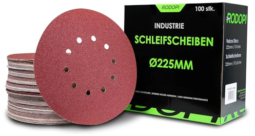 RODOPI Klett Schleifpapier 225mm RedDevil Schleifscheiben für Trockenbauschleifer K40-320 Exzenterschleifer 10 Loch Klettscheibe Zirkonium Korund - 100 Stück K220