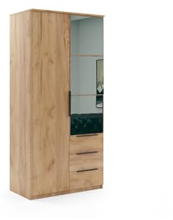 BM-Möbel Kleiderschrank mit Drehtüren, Schubladen und Spiegel - mit Einlegeböden und Kleiderstange - für Garderobe, Schlafzimmer - Modern - Eiche Gold Craft Holzimitat - 100 cm B, 215 cm H