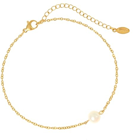 Made by Nami Edelstahl Fußkettchen für Damen gold wasserfest mit Perle 21 cm lang mit 5 cm Verstellkette geeignet als Surfer oder Boho Schmuck (Eine Perle)