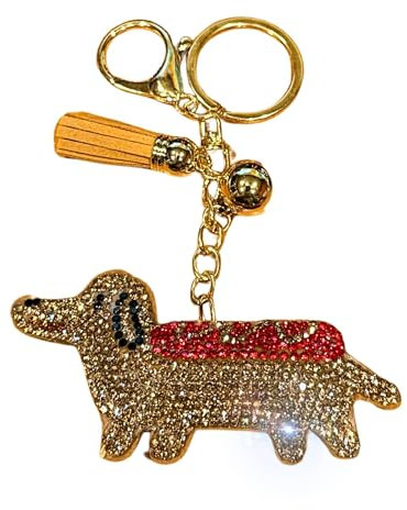 Popfizzy Kristall-Schlüsselanhänger für Frauen und Mädchen, Bedazzled Geldbörsenanhänger, Bling Rucksack Zubehör, Taschenanhänger, handgefertigtes Geschenk, Dackel (Gold), Einheitsgröße