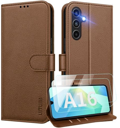 UITUIM Custodia per Samsung Galaxy A16 5G/4G con 2 Vetro Temperato, Portafoglio in Pelle a Libro, Porta Carte, Flip Case Protettiva per Samsung A16 5G/4G, Marrone
