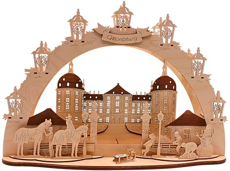 Dekohelden24 Schloss Moritzburg - Lichterbogen, Schwippbogen, Schwibbogen - Leuchterbogen mit LED- Beleuchtung, 10-flammig, Motiv:Schloss Moritzburg, L/B/H 43 x 30 x 12 cm. - Made in Germany -