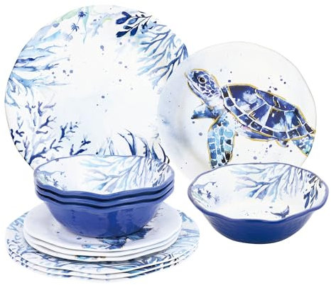 UP ware Indigo Sea Life - Juego de vajilla de melamina de 12 piezas, juego de platos para exteriores, juegos de platos y cuencos, servicio para 4, azul
