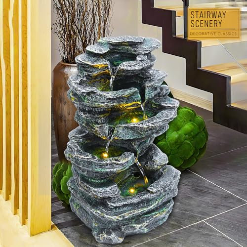 cadciehe 6-Tier Cascading Rock Water Fountain, Large Outdoor Waterfall Feature with LED Warm Light, Natural Stone-Look Resin Fountain for Garden, Patio, Backyard, Porch, Home Décor UK
