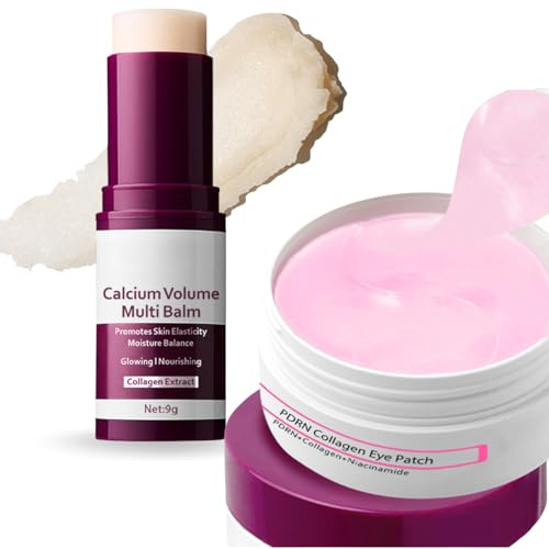 Calcium Volume Multi Balm Stick & PDRN Under Eye Patches, 2PCS Cemenrete Calcium Ampoule Collagen Wand Moisturising Set, Wrinkle Core Stick for Anti-aging, Firming For Eyes, Face, Lips & Neck