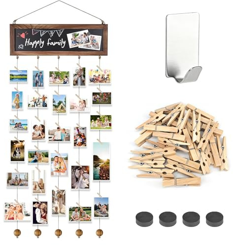 XTUDOU® Cornici Foto Multiple da Parete, Cornice Appendi Foto con Mollette Avec 30 Petites Pinces En Bois Clip E Corda Sospesa, Porta Foto con Mollette da Parete per Decorazioni Domestiche, Compleanni