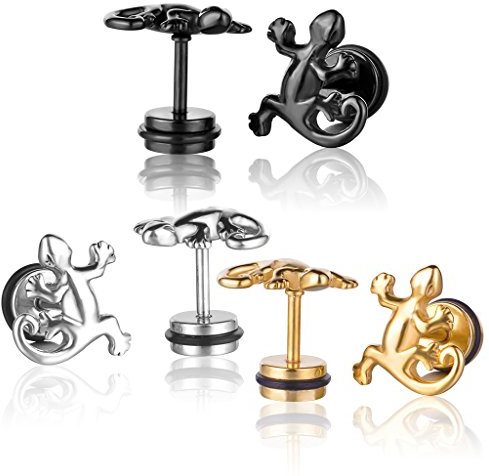 Yumilok Pendientes de acero inoxidable Gecko, lagarto, lagarto, perno perforado, pendientes hipoalergénicos para hombre y mujer, 3 pares (negro, plata, oro)
