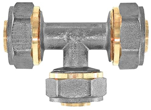 MegaHaustechnik T-Stück Schraubfiitting für Mehrschichtverbundrohr 16x2 mm (AußenØ x Wandstärke) aus Messing Verschraubung Verbinder Kupplung 90 Grad Abzweig Trinkwasser geeignet