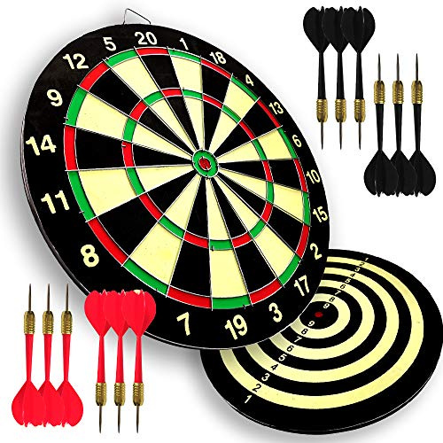 LinkVisions Papier-Dartscheibe mit zwei Spielen, 12 Steeltip Darts, einteiliger Schaft und Flug ohne Herausfallen, einfache Aufhängung