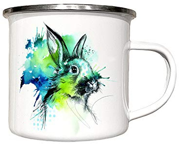zAcheR-fineT-design Emailletasse Campingbecher HASE - Kaninchen für Kinder u Erwachsene - Emaille Tasse weiß mit Tiermotiv Natur Aquarell - Kaffeebecher - Ostergeschenk Geschenkidee Ostern - Tasse