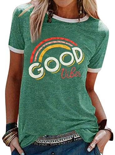 WIEIYM T-Shirt Damen Good Vibes Rundhals Kurzarm Sommer Regenbogen Oberteil | Lässiges Kurzarm Tee mit Regenbogen-Grafik und Good Vibes Print