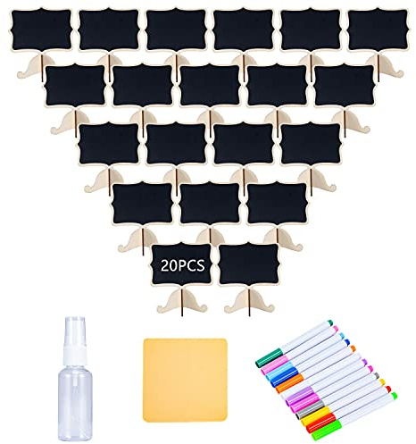 20-pack mini svarta tavlor i trä skyltar med stödstafflier, placeringskort, svarta tavlor för bröllop, födelsedagsfester, anslagstavla skyltar och evenemangsdekorationer