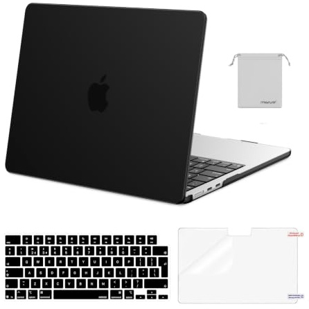 MOSISO Kompatibel mit MacBook Air 13 Zoll Hülle M5 M4 M3 M2 2026-2022 | Hartschale&Tastaturabdeckung&Displayschutzfolie&Beutel für MacBook Air 13,6 A3449 A3240 A3113 A2681, Schwarz