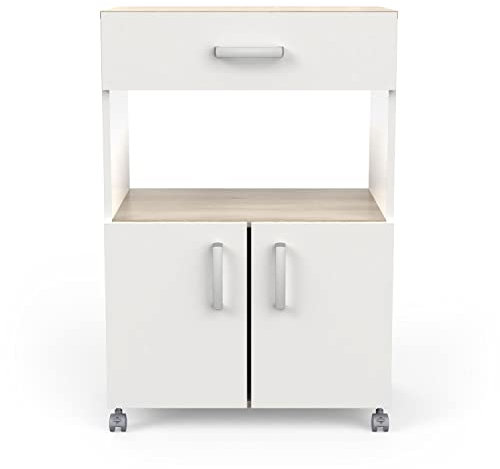 PEGANE Desserte Micro-Ondes pour Cuisine Coloris chêne kronberg, Blanc Mat - Longueur 59,6 x Hauteur 88,3 x Profondeur 41,2cm