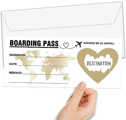 Gold Surprise Reveal Card, 1 Set Scratch Surprise Boarding Pass Guess What Card, Surprise Scratch off Announcement Gifts for Birthday, Holiday, Christmas, Wedding, Anniversary, Valentine's Day-A04