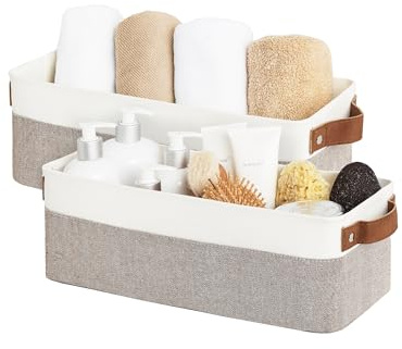 StorageWorks Narrow Storage Bins, Small Baskets for Organizing, Long Storage Basket with Handles, Fabric Storage Bins for Shelf, Brown and White, 2-Pack