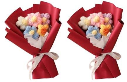DONGKER - Ramo de flores de 2 piezas, ramo de flores de ganchillo, kit de ramo de ganchillo colorido para el día de San Valentín, decoración del hogar, celebración, fiesta de Navidad, cumpleaños