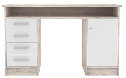 Forte NET 106 Schreibtisch 120 130, moderner Schreibtisch mit 4 Schubladen und 1 Tür, Computertisch, Home Office, Büro, Holzwerkstoff, Sandeiche Dekor/Weiß, 126 cm breit x 75,8 cm hoch x 55 cm tief