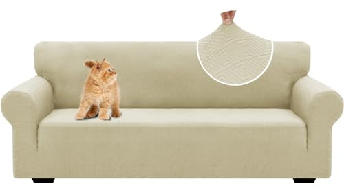 YSTELLAA Stretch Sofa Überzug 3 Sitzer, Sofaschoner rutschfest Mit Armlehne, Universal Jacquard Sofabezug, Dicke Sofabezug Für Hunde Katzen Und Haustiere, Waschbare Sofa Cover, Helles Beige