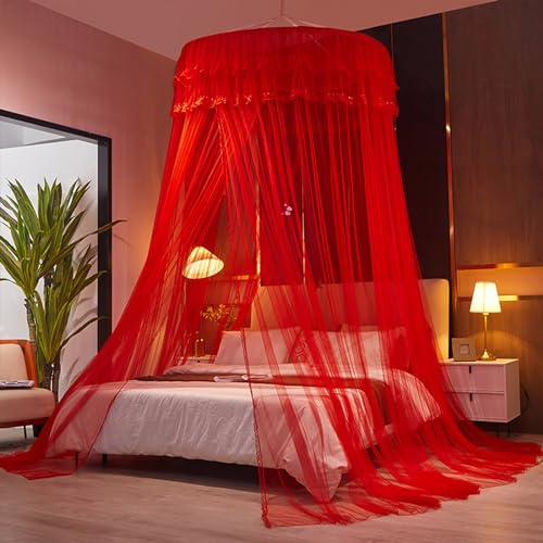 Koomuao Moskitonetz Doppelbett 120x270x1200cm, Großes Moskitonetz Bett mit Klebehaken Schrauben, Moskitonetz Baldachin Hängendes, Feinmaschiges Betthimmel Mückennetz für Zuhause und Reisen (Rot)