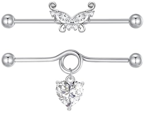 Besyvvin 2stk Industrial Bars 38mm Chirurgenstahl 14G Schmetterling Herz 14G Scaffold Barbells Piercing Schmuck Silber