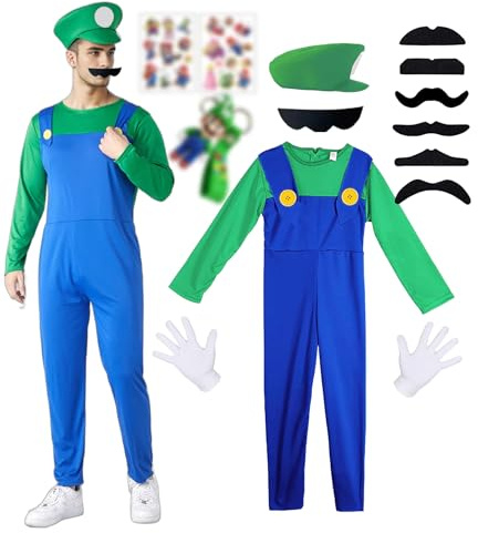 ChouGlow Mario und Luigi Costume,Halloween Costume Adulti Bambino,Costume da Mari Luigi,Costume classico, Costume Cosplay Mari per Halloween Natale Carnevale (Adulti - Verde, XL)