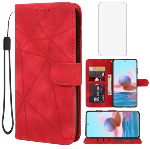 Wanyuexes Funda para Redmi Note 10/Redmi Note 10S/Note 11SE 4G/Poco M5S Cristal Templado Protector, Carcasa Billetera de Cuero PU, Ranura para Tarjeta para Xiaomi Redmi Note 10S Rojo