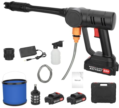 pofluany Cordless Pressure Washer, 24V Portable High Pressure Washers Upgraded New Adjustable Nozzle 300W 725PSI Pressure Washers with 2 Batteries Bucket Water for Car Fence Cleaning Black