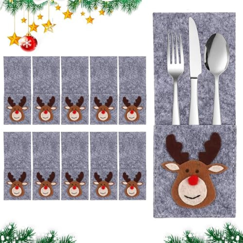 Sunshine smile 10pcs Tischdeko Weihnachten,Bestecktasche Weihnachten,Weihnachten Tischdeko Bestecktasche,Besteckhalter Weihnachten Filz,Weihnachtsbaum Besteckhalter,Weihnachtstischsets