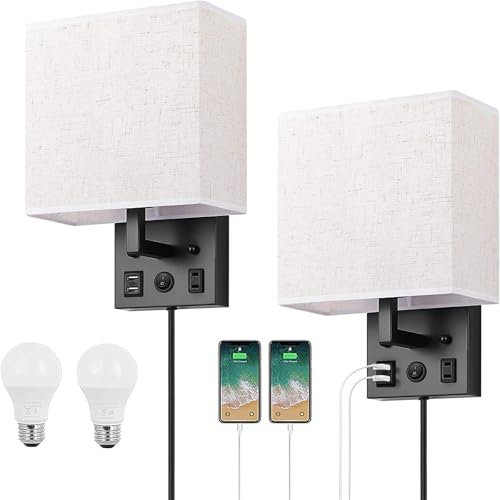 Applique murale d'intérieur avec port de chargement USB et prise secteur Appliques murales modernes noires brossées avec cordon d'alimentation Appliques murales Abat-jour en tissu beige et blanc Écla