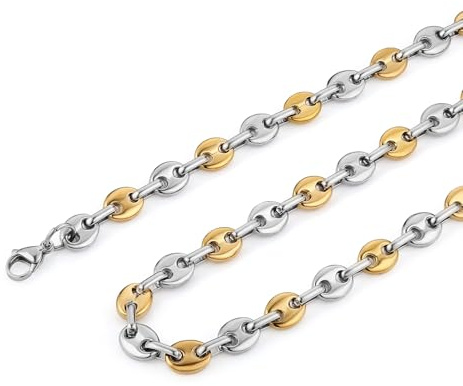 HZMAN Stainless Steel Necklace for Men Hip Hop Polished Silver Gold Chain Coffee Bean Chain Necklace Jewelry Gift (22in)