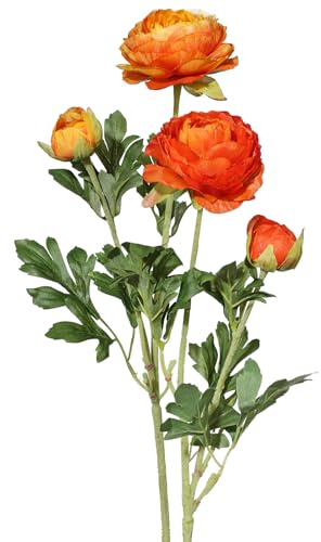 CREATIV green künstliche orangefarbene Ranunkel 6er Set I Kunstblumen für Vase 40cm I künstliche Ranunkel in orange mit Blüten & Knospen I Tischdeko Frühling I Frühlings-Deko I hochwertige Kunstblumen