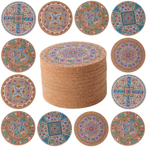 STARUBY Coasters for Drinks 12 pcs Absorbent Cork Coasters with Turkish Mandala Pattrn for Coffee Table Housewarming Gifts for New Home Present for Friends, Living Room Decor, Apartment Decor