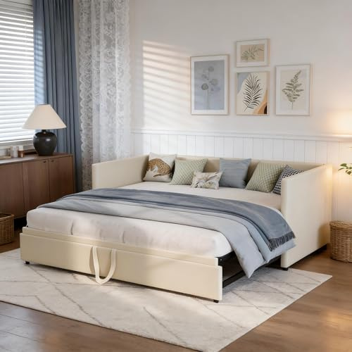 DAHUEN Bäddsoffa, 2-sits, bäddsoffa, konvertibel 90/180 x 200 cm med ribbotten, utdragbar meridiansäng, sammet, beige (utan madrasser) (beige)