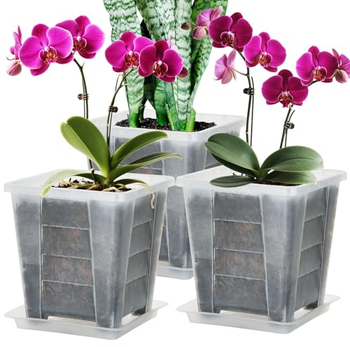 KIMERSE Square Orchid Pot, Clear Flower Pot 3 Pack 6 Inch, Root Control Planting Pots with Tray, Plastic Plant Pot for Home Balcony Orchids, Water Moss, Spider Plants