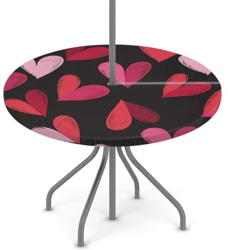 Woltant Tovaglia rotonda con foro per ombrellone e cerniera, facile da pulire, con bordi elastici, protezione per tavolo da giardino, patio, barbecue (cuori rossi)