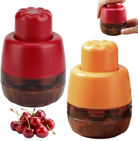 7 Löcher Kirschkernentferner, Entkerner Mirabelle Leicht zu reinigen, Kirschentkerner mit grifflosem Design (1 Stück Rot + 1 Stück Orange)