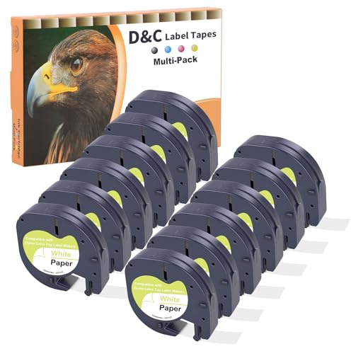 D&C 12 x 91220 label tape for Dymo LetraTag 12 mm x 4 m, black print on white labeling paper, compatible labelling device for Dymo Letratag LT-100T, 200B, LT-100H, XR, XM