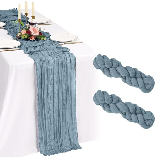 2 Pack Staubiges Blau Käsetuch Tischläufer 10FT Boho Gaze Käsetuch Tischläufer Abwaschbar Romantische Rustikale Tischdekorationen für Hochzeit Party Geburtstag Feiertag Zuhause(55x300cm)
