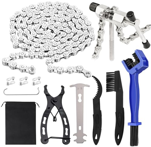Fahrradkette 6 7 8 Fach Kettennieter 116 Glieder Edelstahl Mountainbike Fahrrad Kette Rennrad MTB Reparatur Werkzeug Neuengang Set mit Kettenschloss Zange Kettenlehre Bike Chain Reinigungsbürste