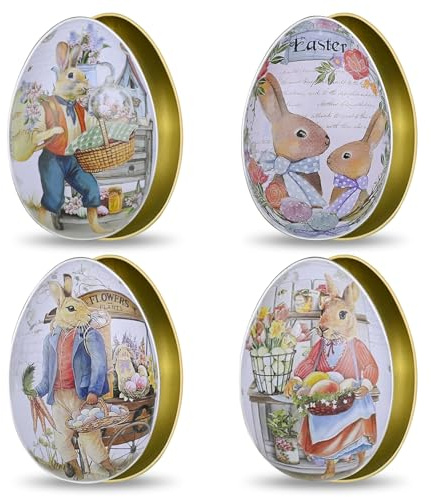LIZANQU 4X Osterei zum Befüllen, Bunte Fülleier für Ostern, Ostereier Keksdose Metall, Süßigkeiten Kasten, Ostereier mit Oster-Motiven im Comic-Stil zum verstecken und verschenken (4 Stück - 12cm)