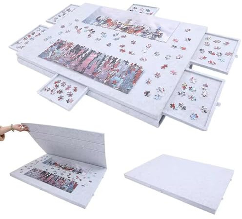 Tavola Pieghevole Per Puzzle Con Supporto e Copertina 2 In 1,Porta Puzzle Per Fino a 1000 Pezzi Con 6 Cassetti,Piano Per Puzzle Portatile In Feltro Super Leggero,Adatto Per Adulti e Bambini,Bianco